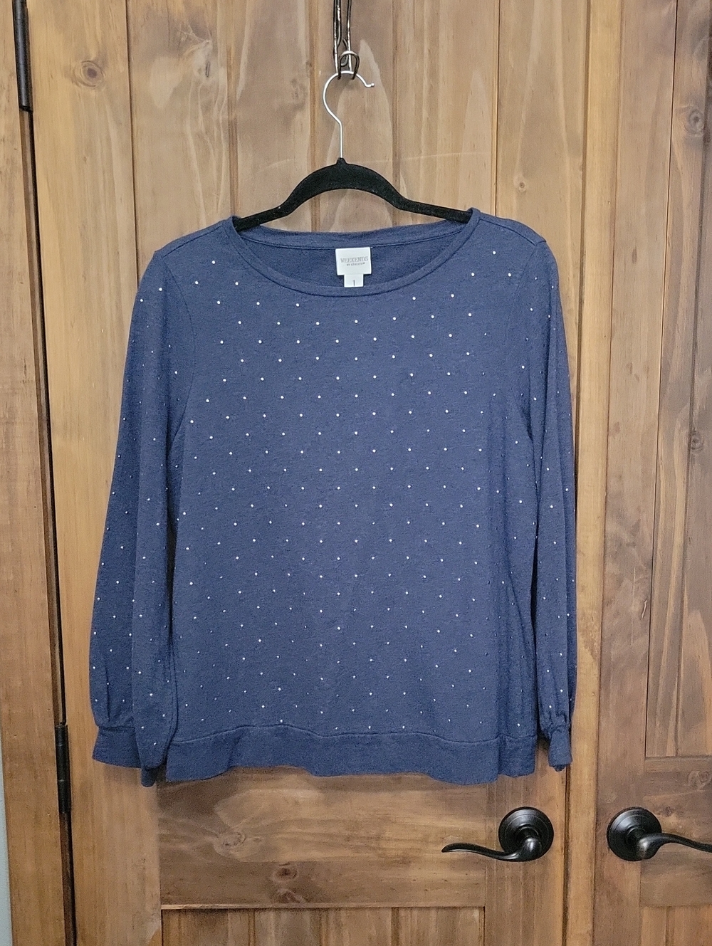 Chicos Blue Long-Sleeve Knit Top with Subtle Dot Detail